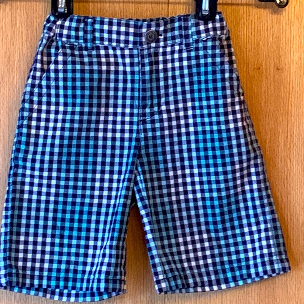 Gymboree boy’s Size 6 cotton poplin gingham shorts blue white adj waist snap EUC